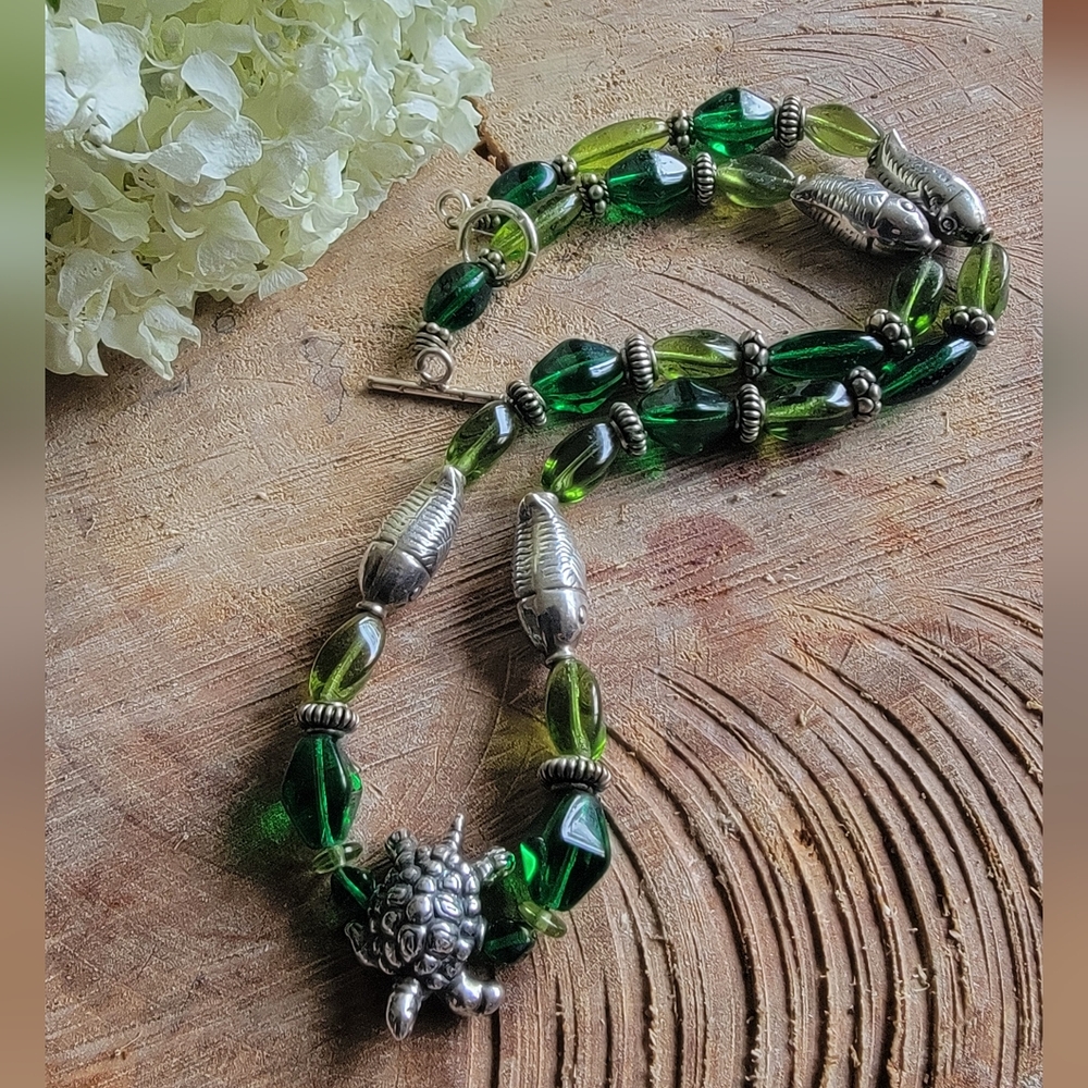 Handcrafted 925 Turtle Charm Necklace With Green and Silverfish  Beads.